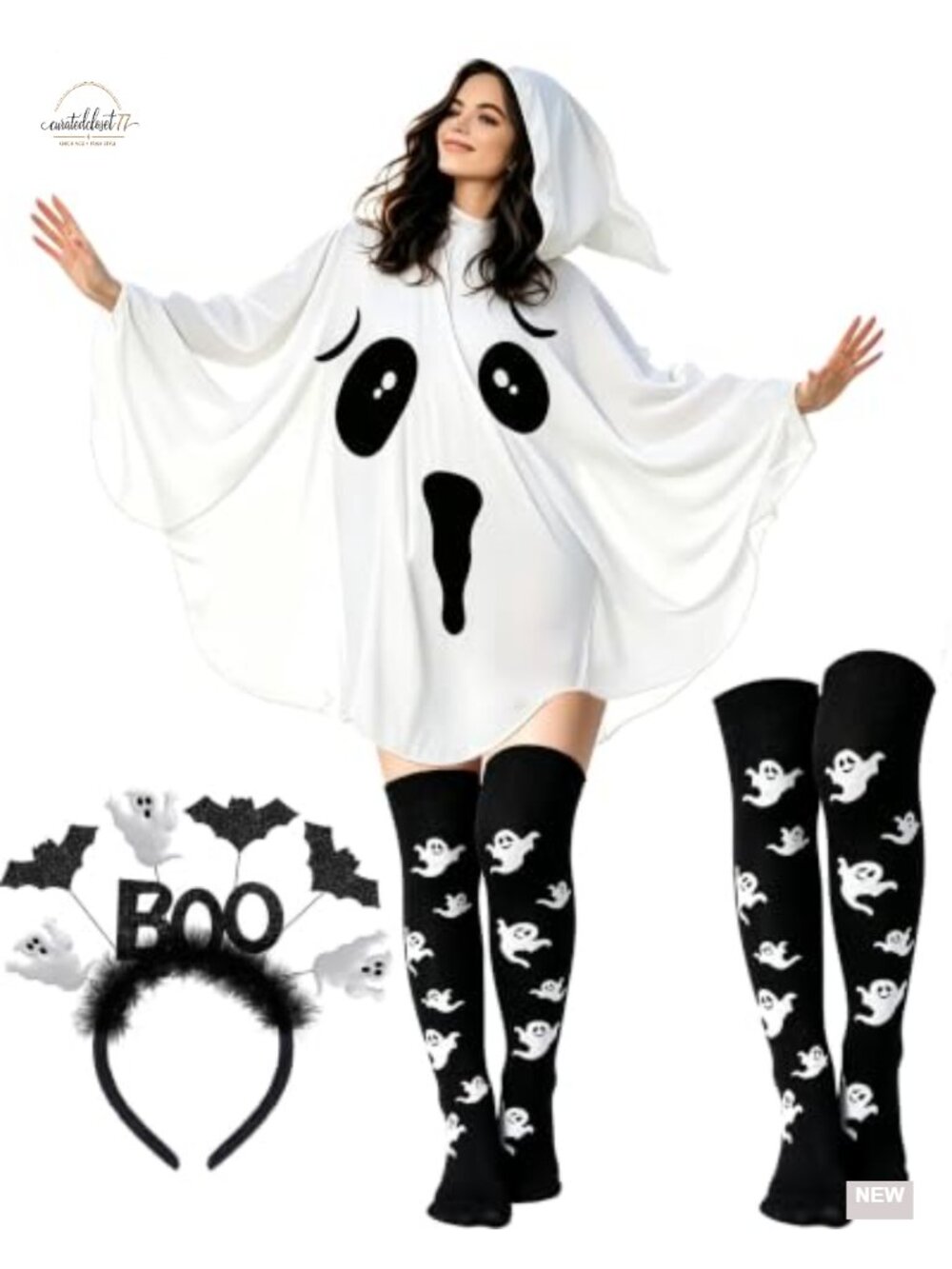 Ghost Poncho Costume Set Hooded Cape BOO Headband Thigh High Socks Halloween